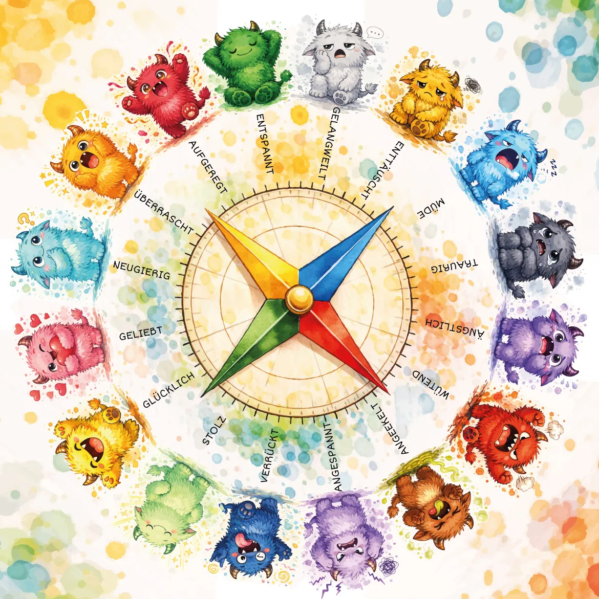 Teppich Emotionskompass, 16 Monster mit verschiedenen Gefühlen, für Kinder, 155 x 155 cm