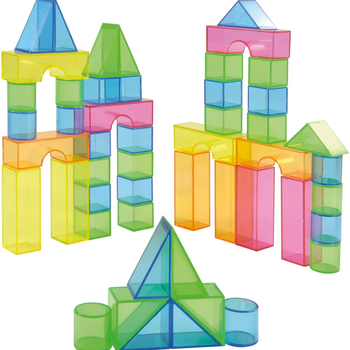 Transparente Bausteine 50 Teile, 5 Farben 6 Formen, Würfel 3,2 x 3,2 cm, ab 3 Jahre