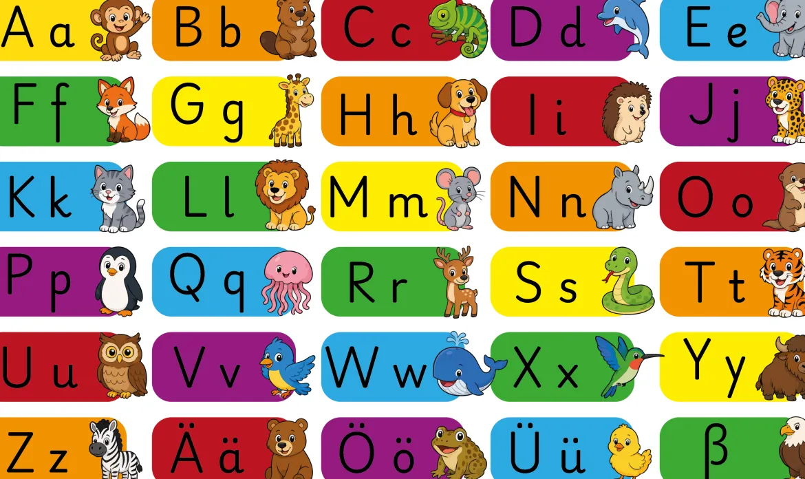 Treppenaufkleber, Alphabet, ABC, bunt, mit Tiersymbolen, 110 x 10 cm