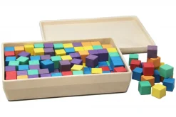 Würfel in 6 Farben 2x2x2 cm RE-WOOD®, 150 Stück in RE-Wood® Box und Kartonhülle